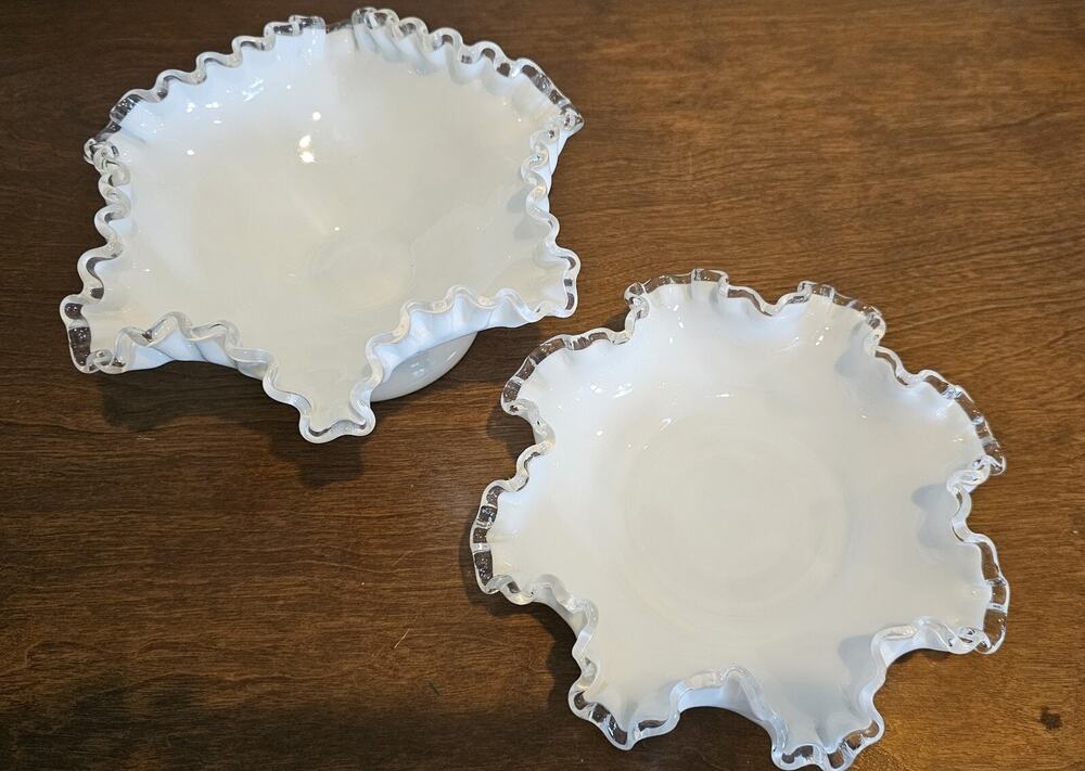 Vintage Fenton Silver Crest Milk Glass Ruffled Compote & Bon Bon Set Of 2
